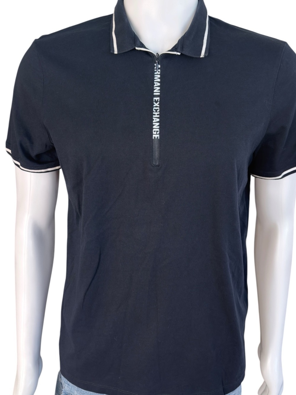 ARMANI EXCHANGE  Navy Polo with White Trim and Zip Placket